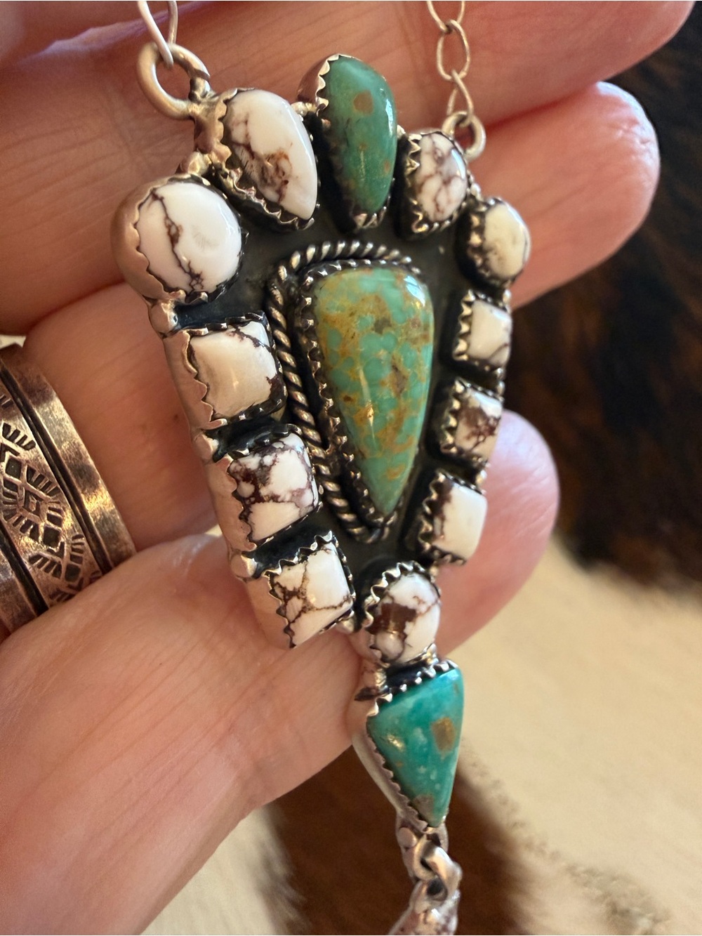 ❤️Lariat-style 24”L ADJ Wild Horse Jasper and Kingman Turquoise 925 Necklace 17G - Picture 8 of 11